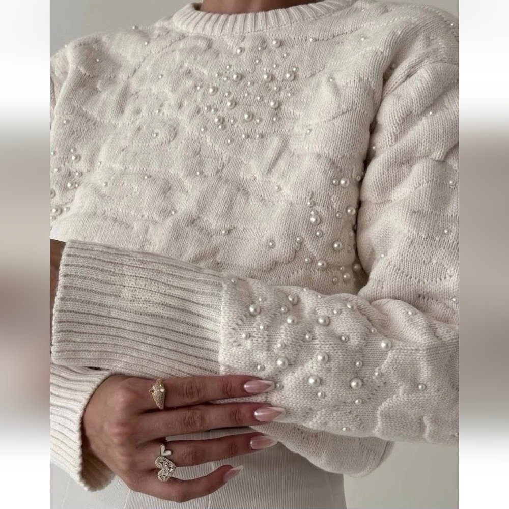 Zara Womens Knit Sweater Textured Pearl Beaded Ivory Bloggers Favorite Large